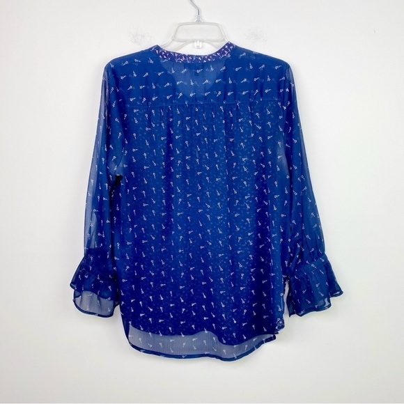 Lucky Brand Blue floral mixed print sheer back boho bohemian blouse top size L - Picture 8 of 9